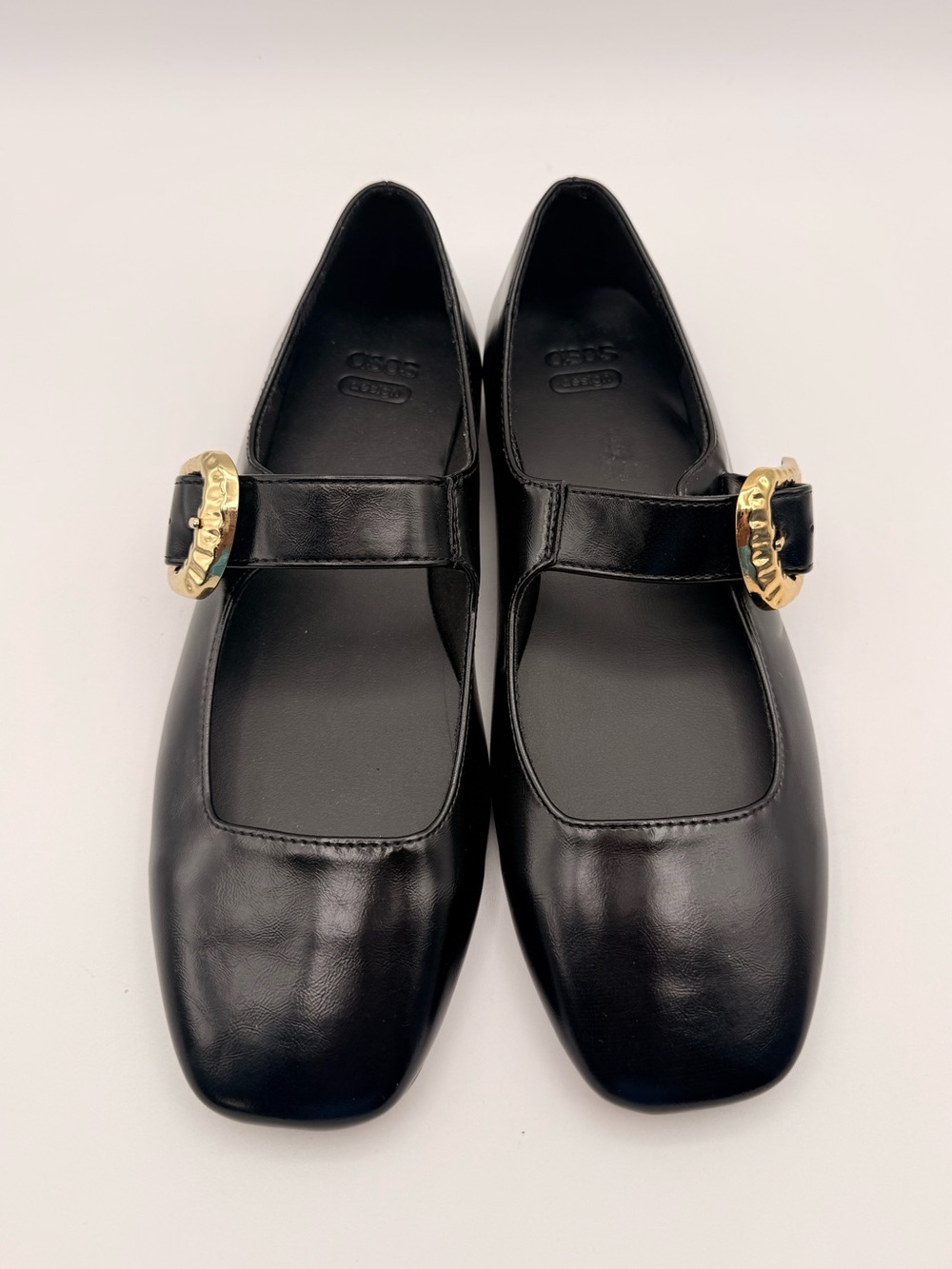 ASOS DESIGN Black Square Toe Mary Jane Flats Gold Buckle Size 9 NWOT